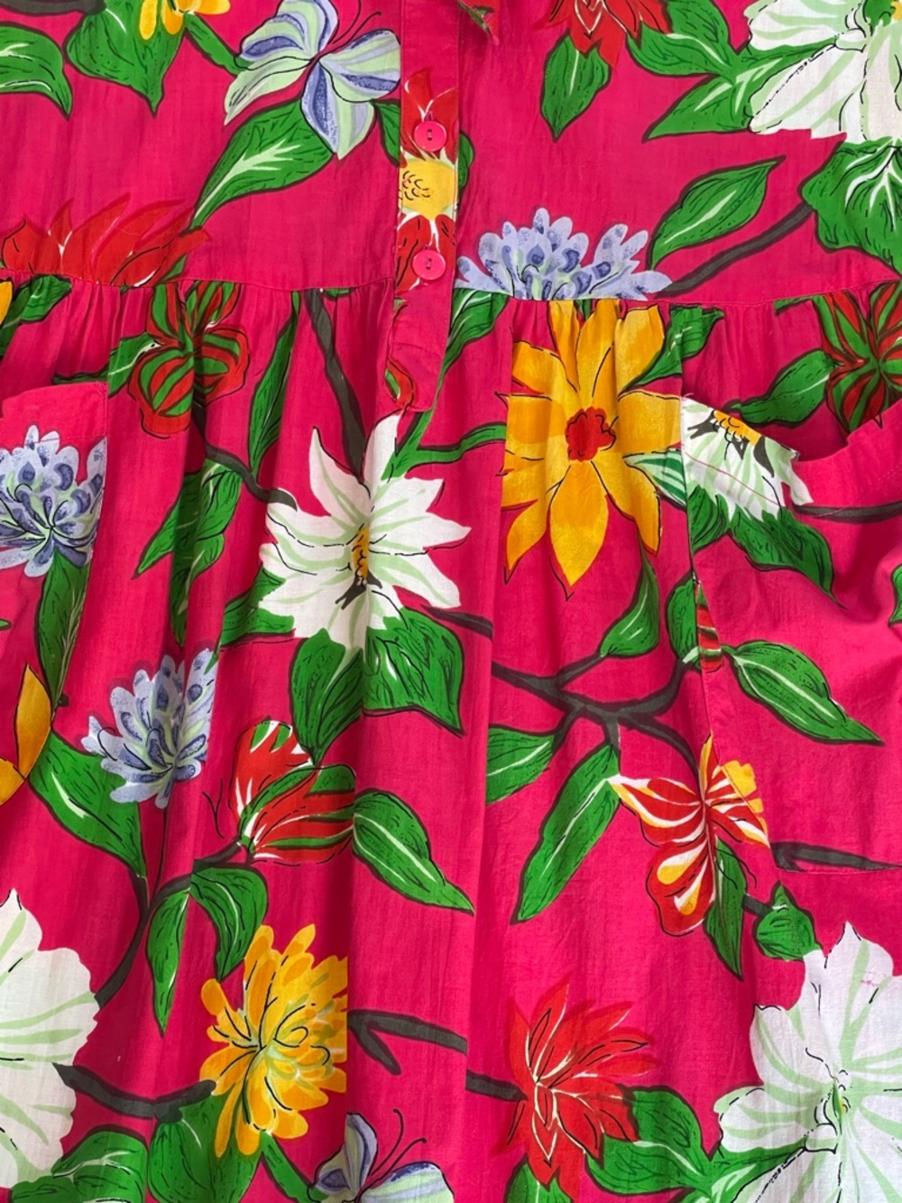Vintage bright pink dress w/  floral print & Peter Pan collar & front pockets - Picture 4 of 9
